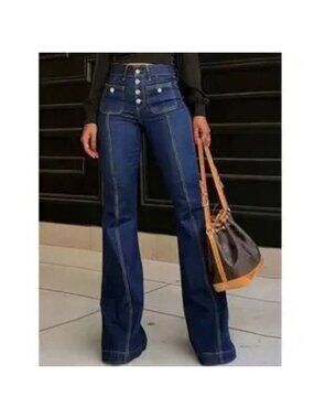 Dark Wash High waisted Button Fly Flared Leg Denim Jeans Pants